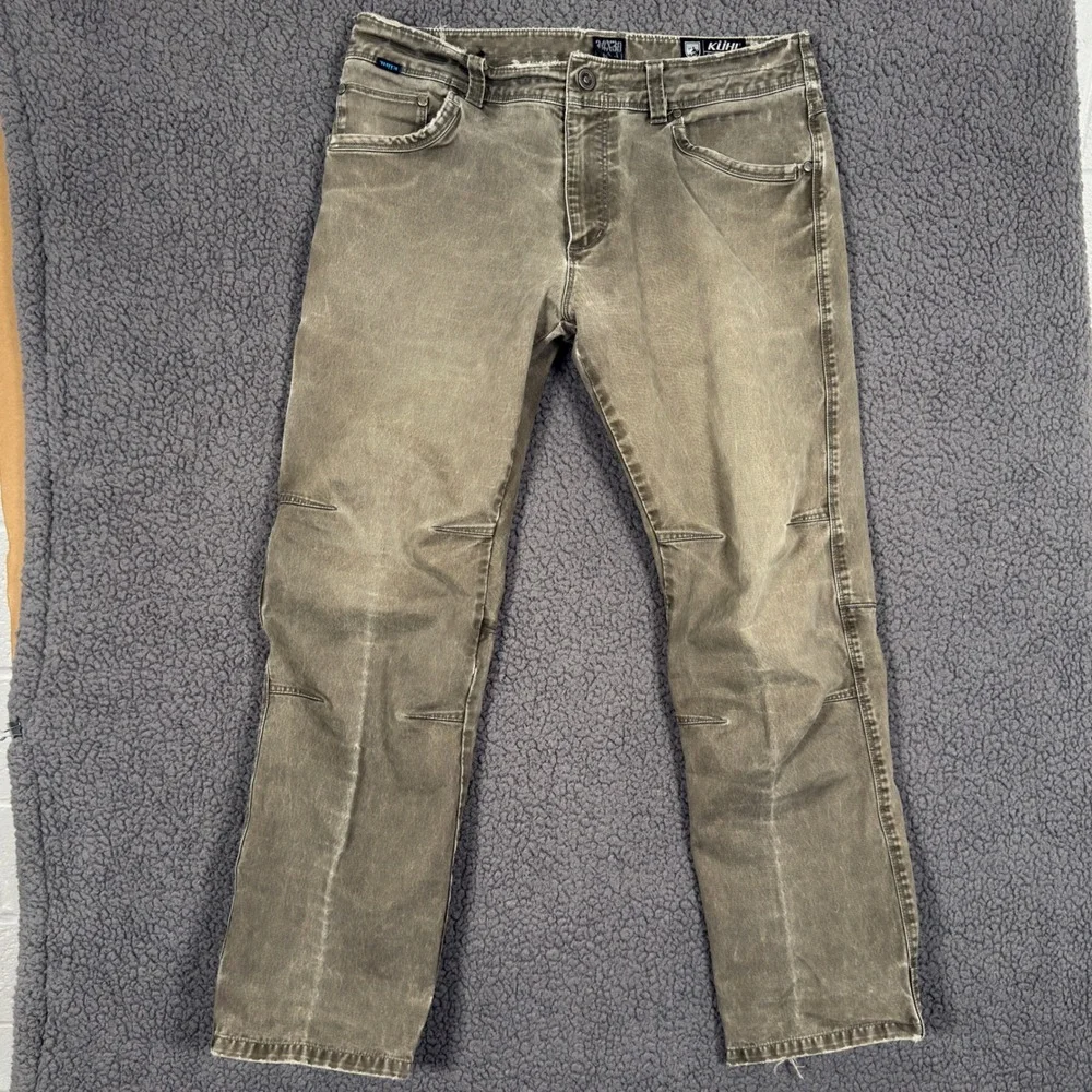 Kuhl Rydr Pants 34x30 Reinforced Ankle Vintage Patina Dye Olive Green Flat Front